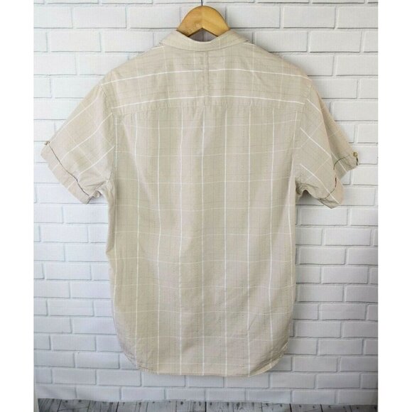 Perry Ellis Tan Plaid Button Down Short Sleeve Shirt Tan brown Men's Medium - Picture 12 of 12